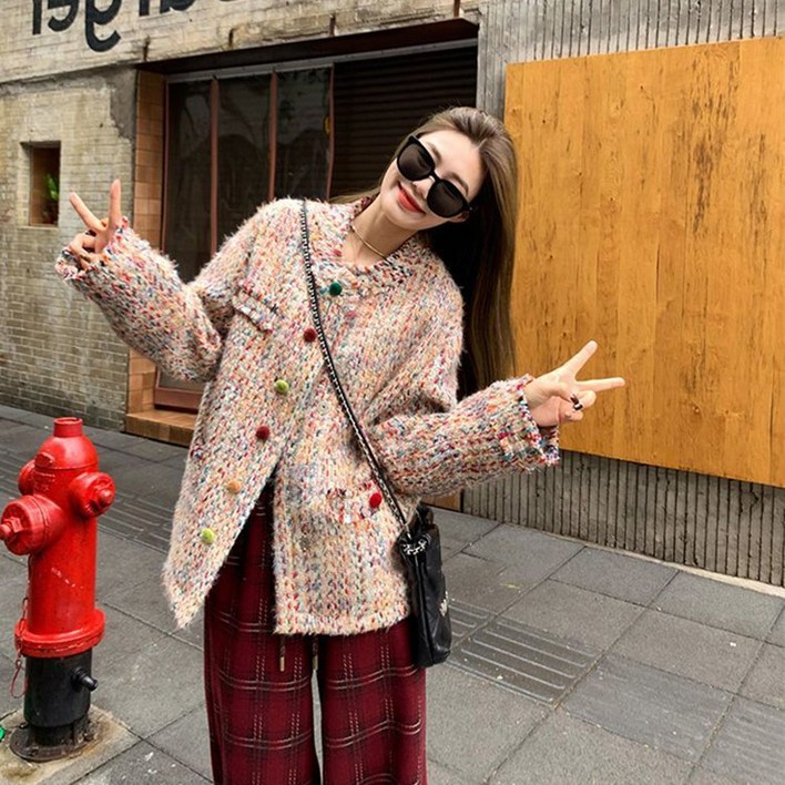 POMTOR 봄가을 여성 컬러풀한 트위드 스타일리쉬 루즈핏 캐주얼 상의