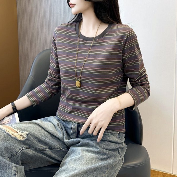 여성 순면 스트라이프 긴팔티 빅사이즈 봄가을 라운드 긴팔 티셔츠