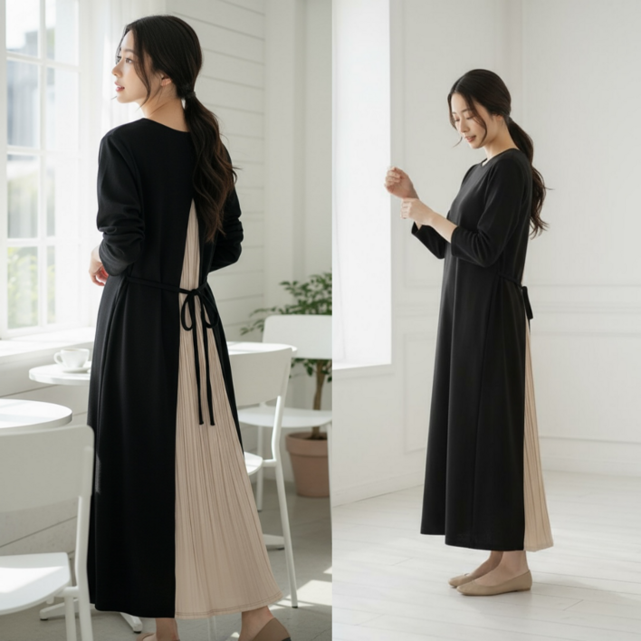 핏몬 여성 플리츠 리본 긴팔 검정 롱 원피스