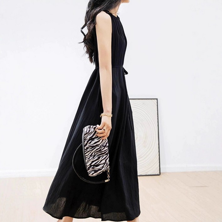 2025 신상프렌치 스타일 롱 원피스 주름 디자인 허리끈 슬림 핏 N0032