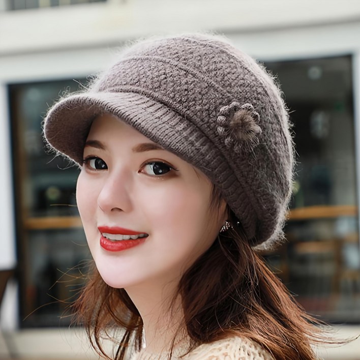 시즌특가  시즈올 꽃 중년 여성 예쁜 니트캡 방한 모자 겨울 털 모자