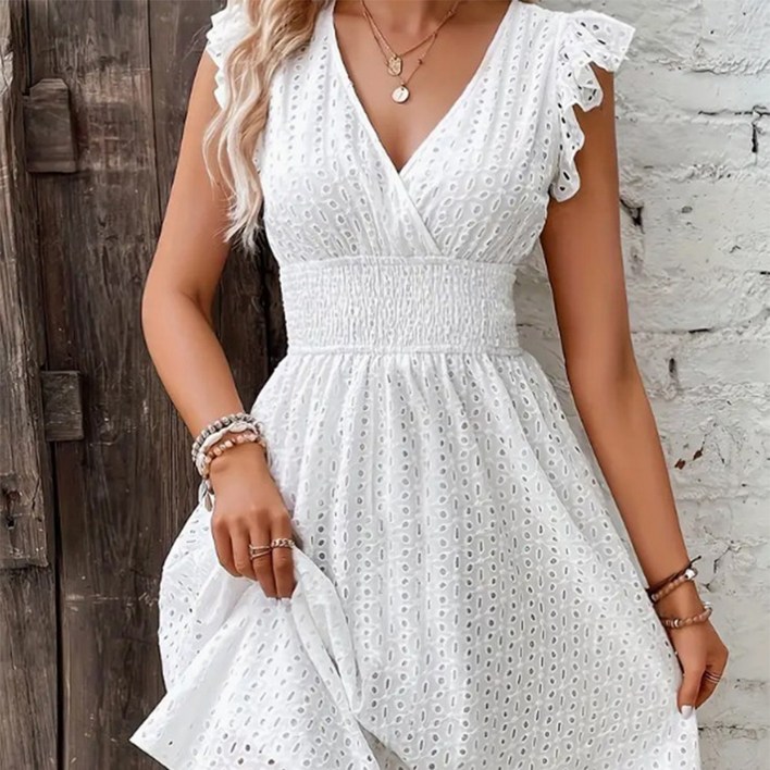 UPPERCUT 여성 로맨틱 프릴 소매 아일렛 자수 펀칭 원피스 휴양지룩 데이트룩