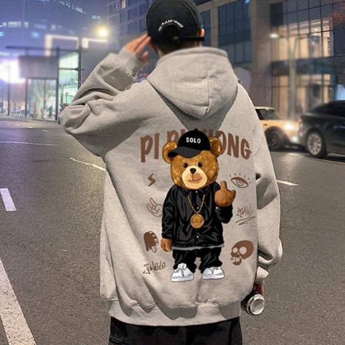남녀공용 캐주얼 패턴 빅사이즈 후드 티셔츠 소프트 곰돌이 오버핏 후드티