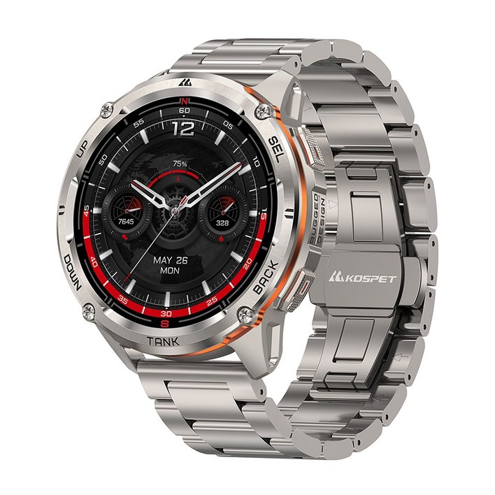 KOSPET 5ATM IP69K 방수, 스테인리스 스틸 바디, 듀얼 주파수 GPS, 470mAh 블루투스 통화 기능, Tank T3 Ultra 2 스마트워치, GPS  블루투스, 3.63cm, silver n strap