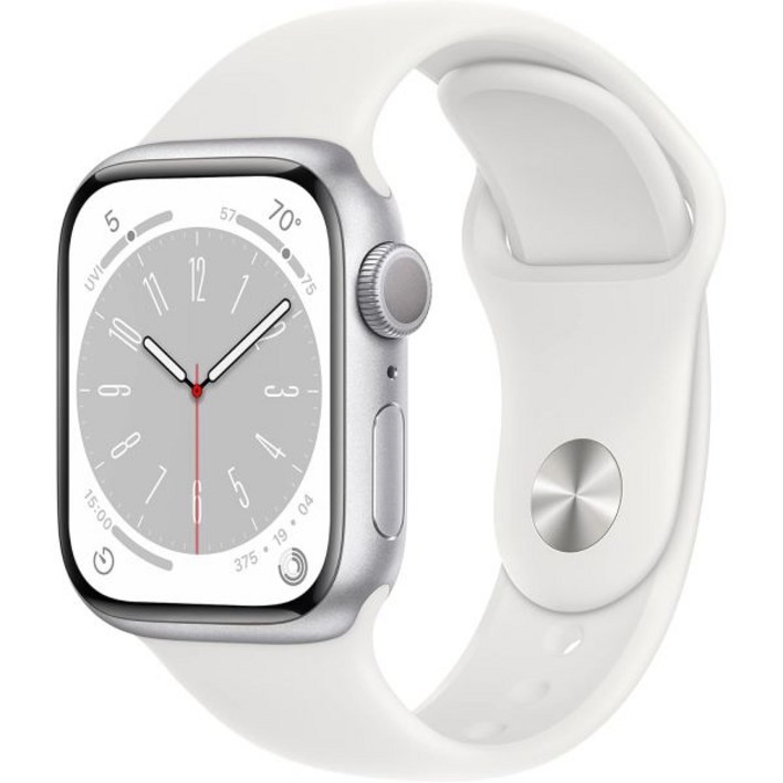 Apple Watch 시리즈 8 GPS, 41mm  흰색 스포츠 밴드가 있는 실버 알루미늄 케이스, ML아마존 공식 리퍼비시