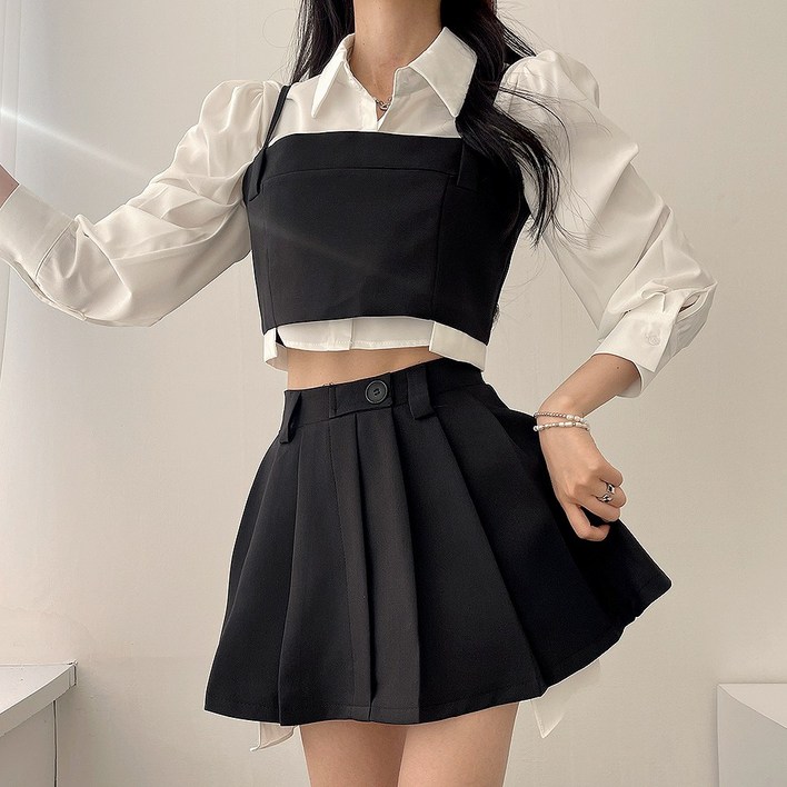 디데이뉴 3pc, 세트가격 크롭 블라우스 플리츠 스커트 쓰리피스 SET
