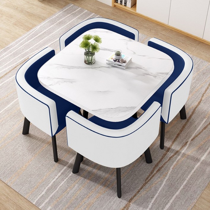 MEETON 감성 인테리어 4인용 티 테이블 세트 원목 의자포함 식탁 원형 카페 둥근모서리, 사각-마블화이트/체어-화이트블루, 4인용