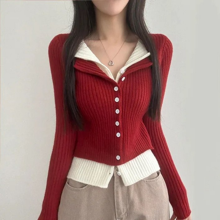 쪼예 투톤 배색 레이어드 긴팔 크롭 니트 가디건