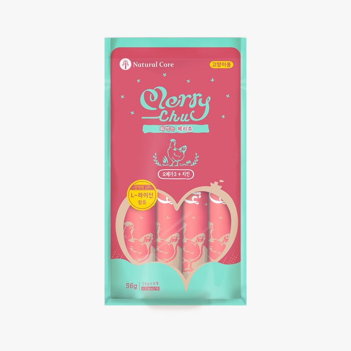 네츄럴코어 메리츄 고양이 간식 츄르스틱 8팩, 오메가3치킨 4P, 56g, 8개