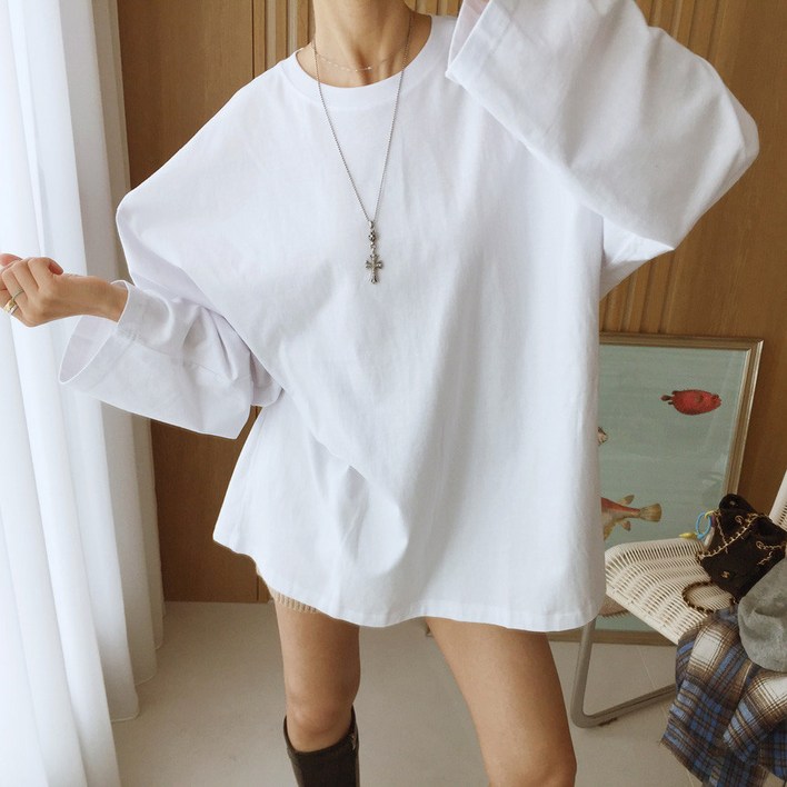 아이미마인 매일매일 라운드 무지 오버핏 힙덮는 면 긴팔 티셔츠