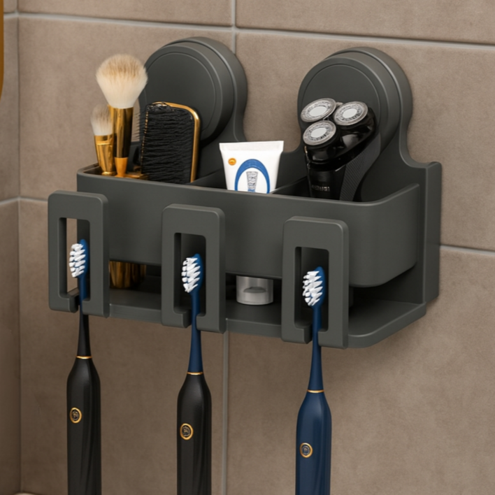 클레미엄 무타공 흡착식 우주 항공알루미늄 칫솔꽂이 칫솔걸이 스테인리스 컵꽂이, 그레이 3구