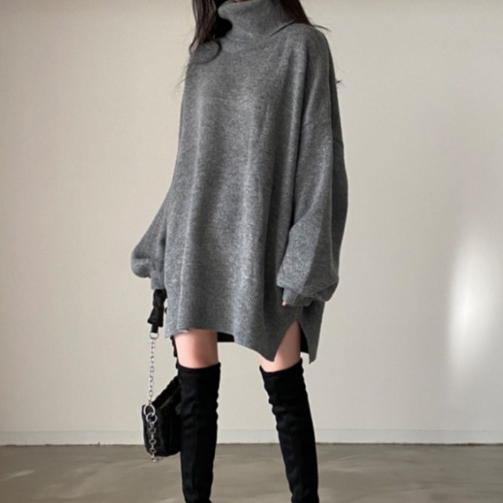 로엘란 여성 여리핏 박시 롱 목폴라 니트 원피스