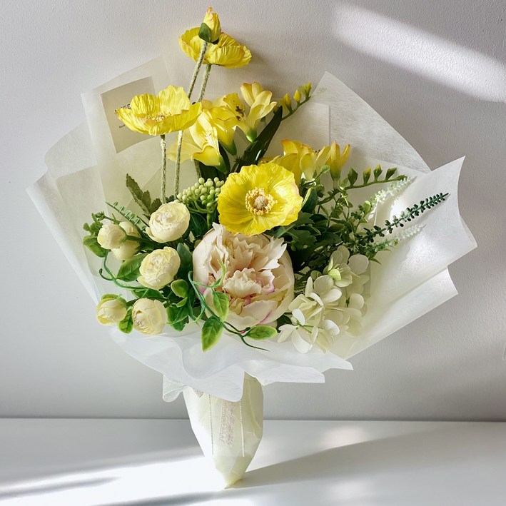 미다운플라워 조화 양귀비 꽃다발 + 카드 세트, 화이트 옐로우