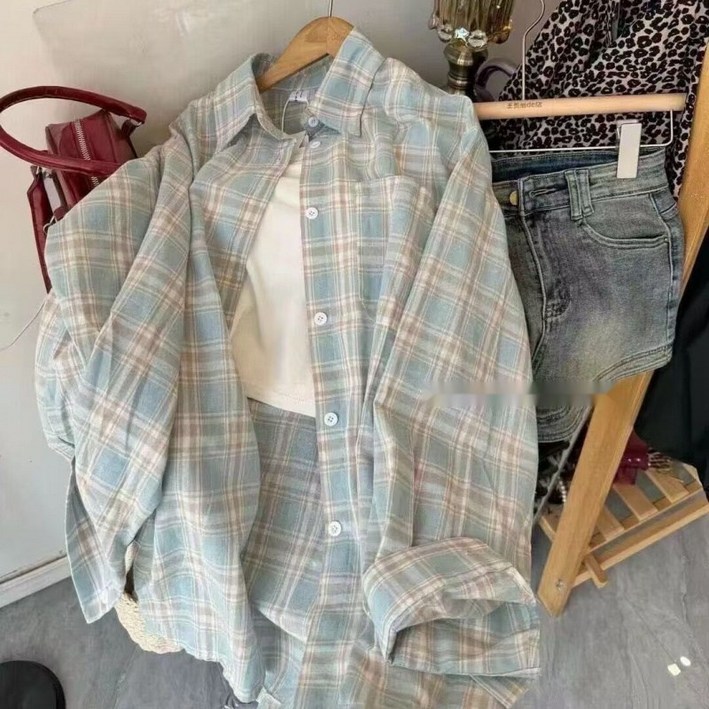 해피유통 여성 봄여름 체크 셔츠 캐주얼룩 플랫칼라 긴팔 루즈핏bhf