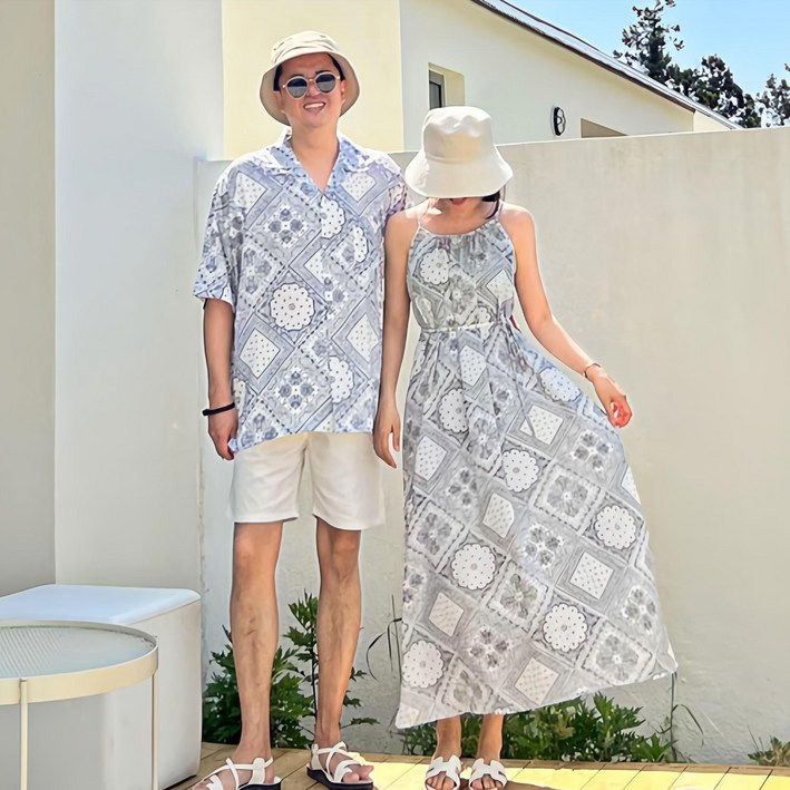 당일발송 테슬 페이즐리 롱 비치 원피스 신혼여행 커플 시밀러룩 빅사이즈 가능