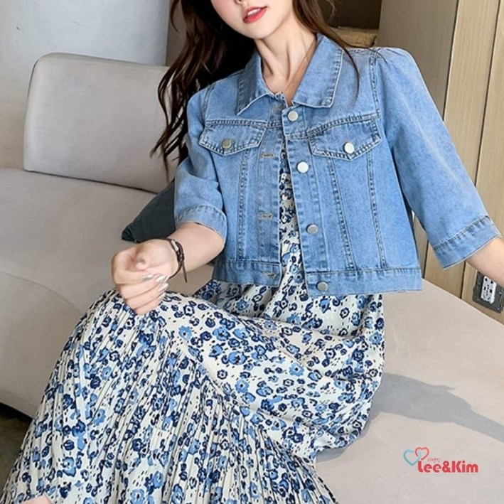 리앤킴 여성 여름 반팔 퍼프소매 숏 청 자캣 GH1553