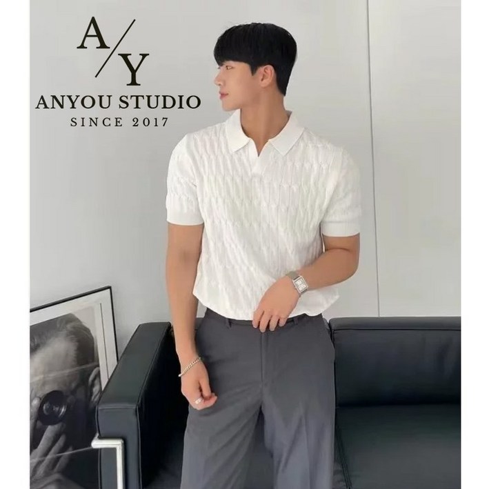 ANYOU 남성 반팔 니트 티셔츠 여름  셔츠 티셔츠  심플한 코디 카라 상의
