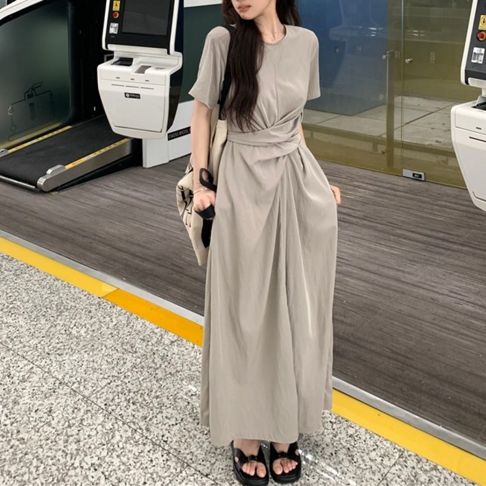 우아글로벌 데일리 반팔 허리묶음 롱 원피스