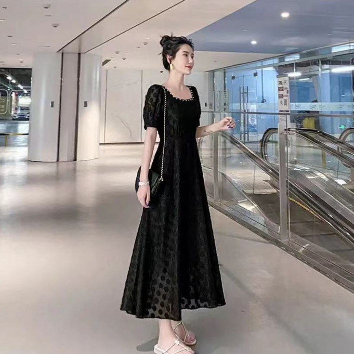 TKX 여성 우아한 롱 드레스 프렌치 스타일 퍼프 소매 스퀘어넥 A라인 데일리 원피스 심플 데이트 착용 추천