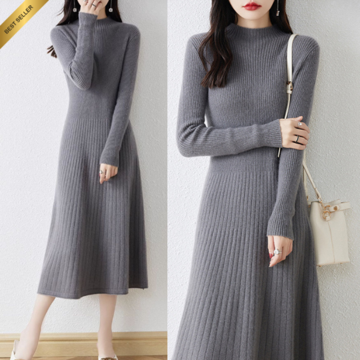 산들라 세미터틀넥 메리노울 니트 롱원피스 여성 겨울 플레어핏 하객룩 데일리룩