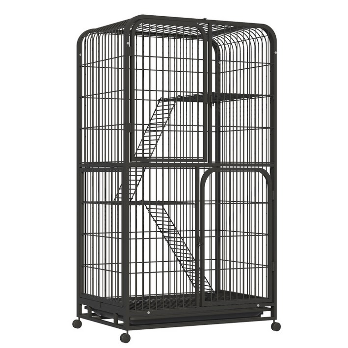 리빙가감법 반려동물 고품질 조립식 4단 고양이 케이지 튼튼한 메탈 간편이동 잠금 가능한 바퀴가 있는 탈출 방지 고양이 철장 이동식 고양이 대형 케이지, 1개, 블랙