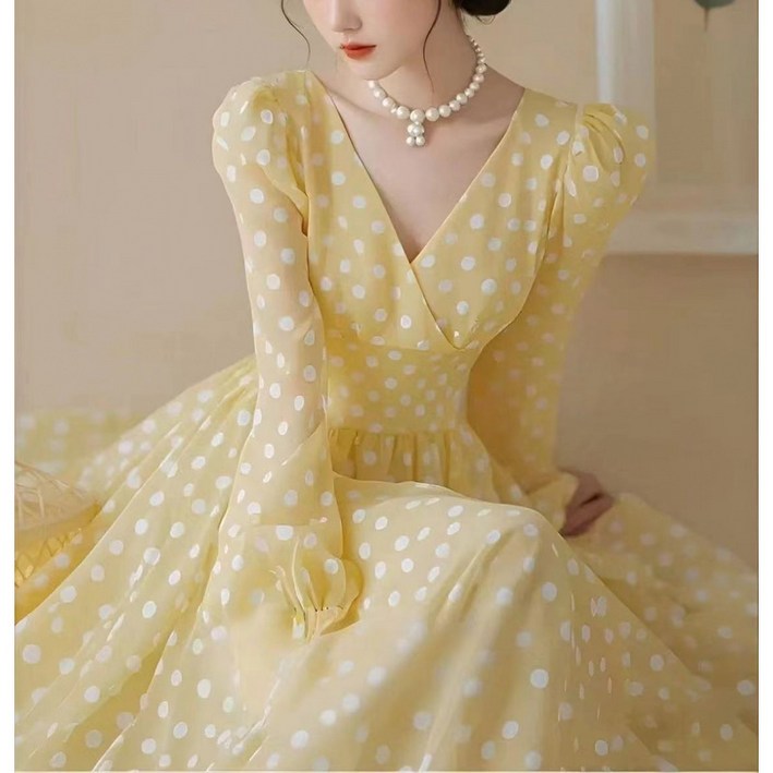 해피유통 여성 봄여름 물방울 디자인 V넥 긴팔 원피스 주름 허리 조절 드레스XG05