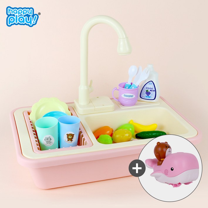 해피플레이 물나오는 뽀득뽀득 싱크대 주방놀이, 뽀득뽀득 싱크대 핑크헤엄치는 고래와 곰 핑크, 1개