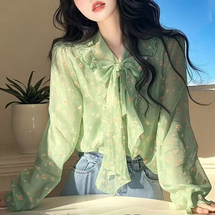 COSYEVNO 여성 봄 여름 쉬폰 블라우스 긴팔 셔츠 리본 넥라인 루즈핏 BCXxfs-9