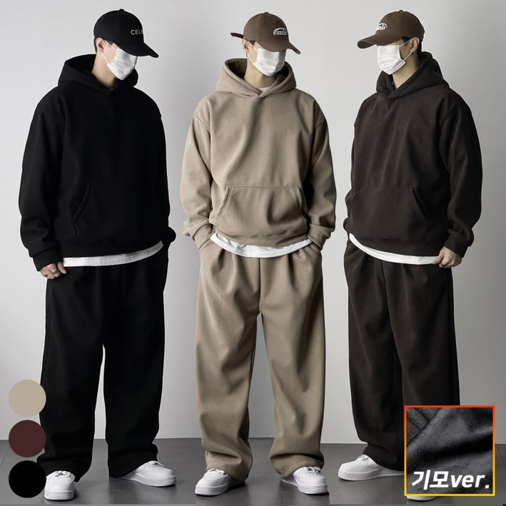 오프앤 기모 코듀로이 골덴 오버핏 후드 셋업 조거 트레이닝복 츄리닝 상하 세트