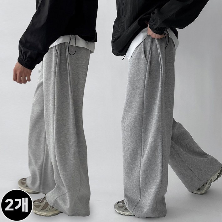 [기획상품,1+1] 두장묶음 빠델 사이드핀턱 벌룬 와이드 트레이닝 스웻 커브드 팬츠 회색 트레이닝팬츠