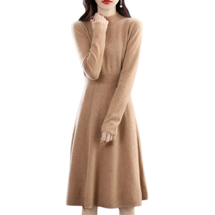 Makone 여성 가을 겨울 반폴라 캐주얼 이너 A라인 심플 니트 롱 원피스