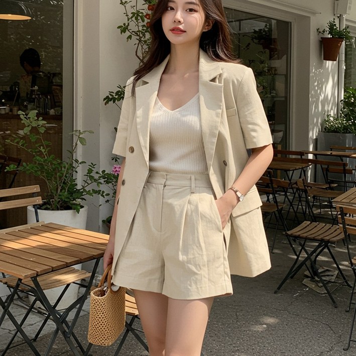 set 린넨 여성 투피스 반팔 더블 버튼 자켓 반바지 세트 숏팬츠 셋업