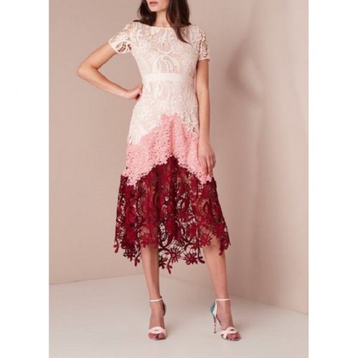 마쥬 MAJE 핑크 레드 컬러블록 플로럴 레이스 쇼스토퍼 칵테일 미디 드레스 1 2 4 S 5782862