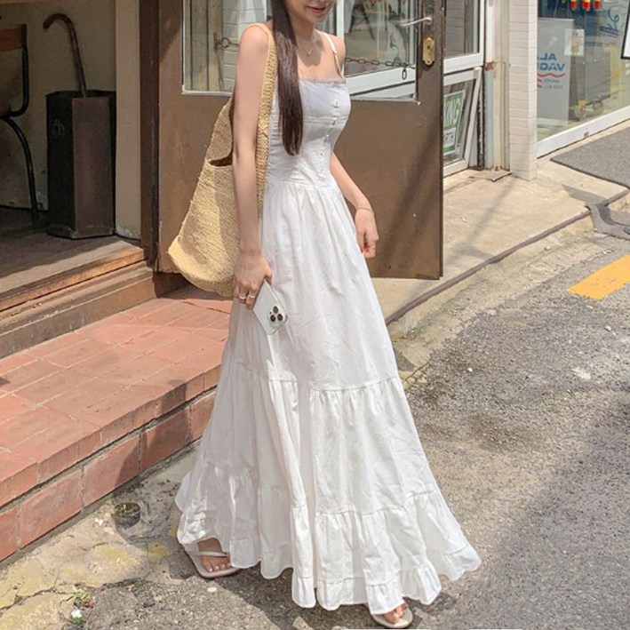 떳다그녀 이벨린 레이스 스퀘어넥 버튼 여름 여행 코튼 티어드 슬리브리스 끈나시 스모크 캉캉 롱원피스