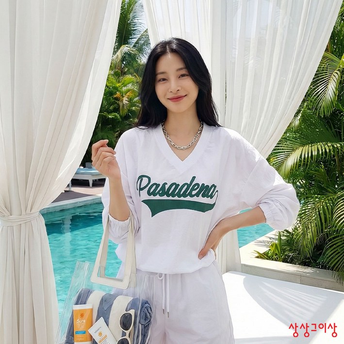 상상그이상 여성용 국내제작 위니상의 시원한 나일론소재 바스락거리는 얇은 여름 맨투맨 편안한 오버핏 레터링 티셔츠 데일리룩