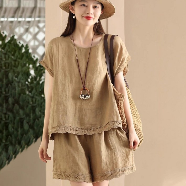 지고다그 여성 여름 린넨 반팔 반바지 세트 내추럴 루즈핏 투피스 YY30614