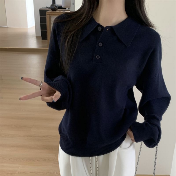 MS HOME 여성 심플 카라 니트 티셔츠 데일리룩 긴팔