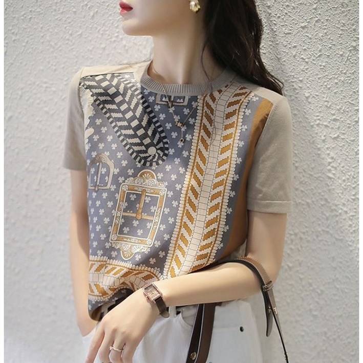 쇼룸 여성 니트티 썸머 라운드 패턴니트 블라우스