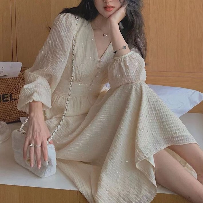 치유쿠 여성 베이지  레이스  브이넥 롱 원피스