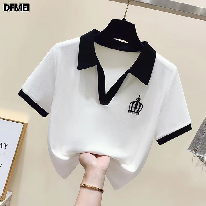 DFMEI 반팔 티셔츠 여 심플 자수 백반팔 상의