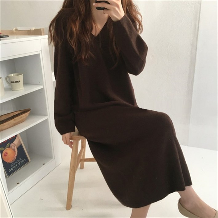 데일리 간절기 루즈핏 브이넥니트 하객룩 가을 겨울 베이직 니트원피스 4color 니트롱원피스,하객룩원피스,원피스,브이넥니트원피스,울원피스,울니트원피스