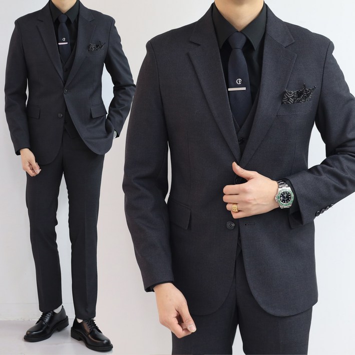 넥타이증정 슬림핏 차콜정장 스판수트 빅사이즈 웨딩촬영 출근룩 면접룩 하객룩 심플정장