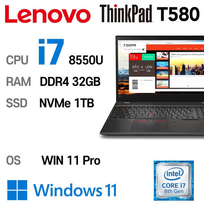 LENOVO 노트북 중고노트북 T580 인텔 8세대 i78550U 16GB 듀얼배터리, T580, WIN11 Pro, 32GB, 1TB, 코어i7 8550U, 블랙
