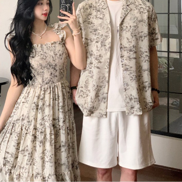 휘잇 스모크 밴딩 커플 시밀러룩 휴양지 바캉스 원피스