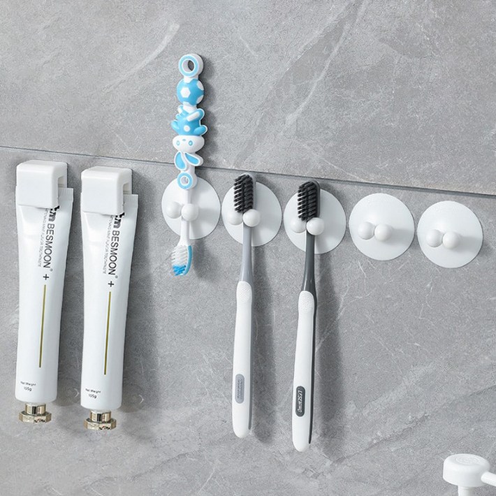 무식이네 공중부양 흡착 칫솔걸이 5p 접착 치약걸이 2p 세트, 화이트, 1세트