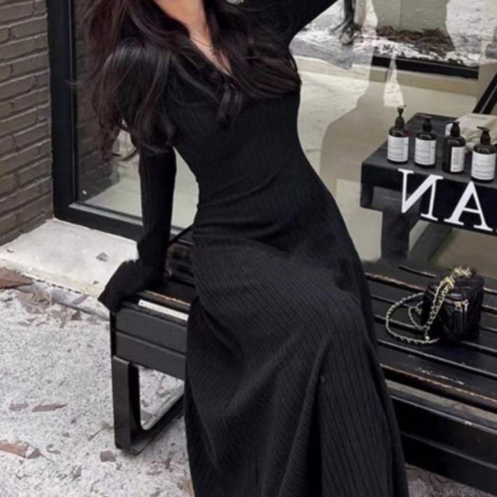 피어니스트 무지 모던 골지 버튼 슬림 롱원피스