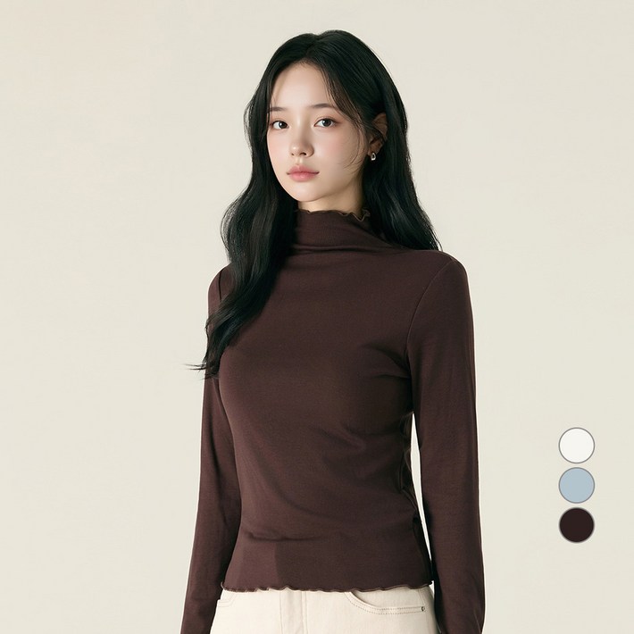 로엠 여성용 기모 물결 반하이넥 티셔츠