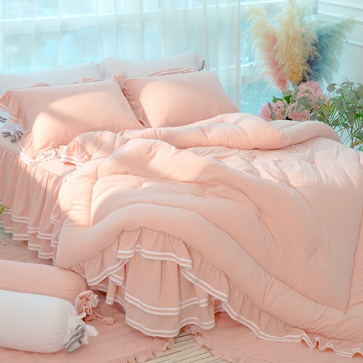 류금숙 투라인 실키케어 차렵이불 이중 프릴 침대커버세트