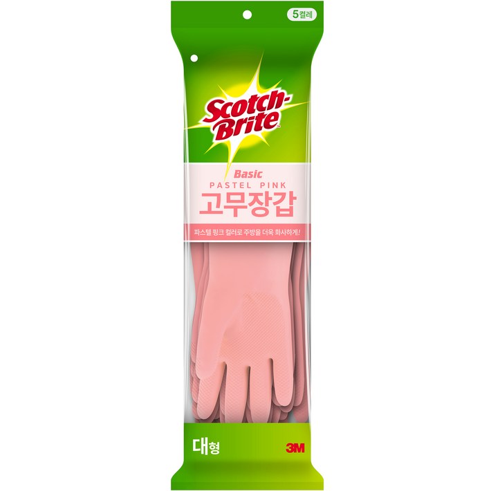스카치브라이트 베이직 고무장갑 5개입, 파스텔 핑크, 대L, 1세트