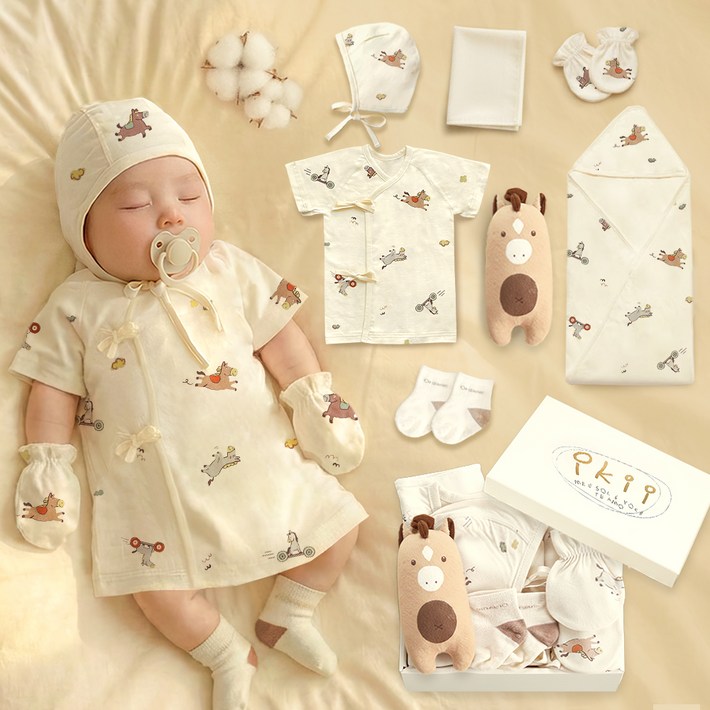 ikii 신생아 오가닉 말띠 배냇저고리 반소매 출산선물 7종 세트  쇼핑백